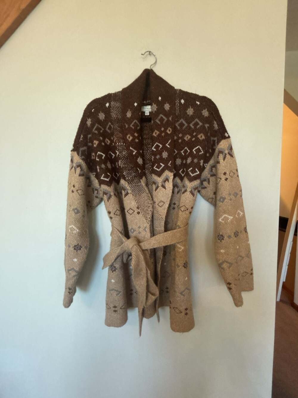 Lucky Brand Southwest Fair Isle Shawl Collar Cardigan Sweater Belt Sz XL/TG NWT